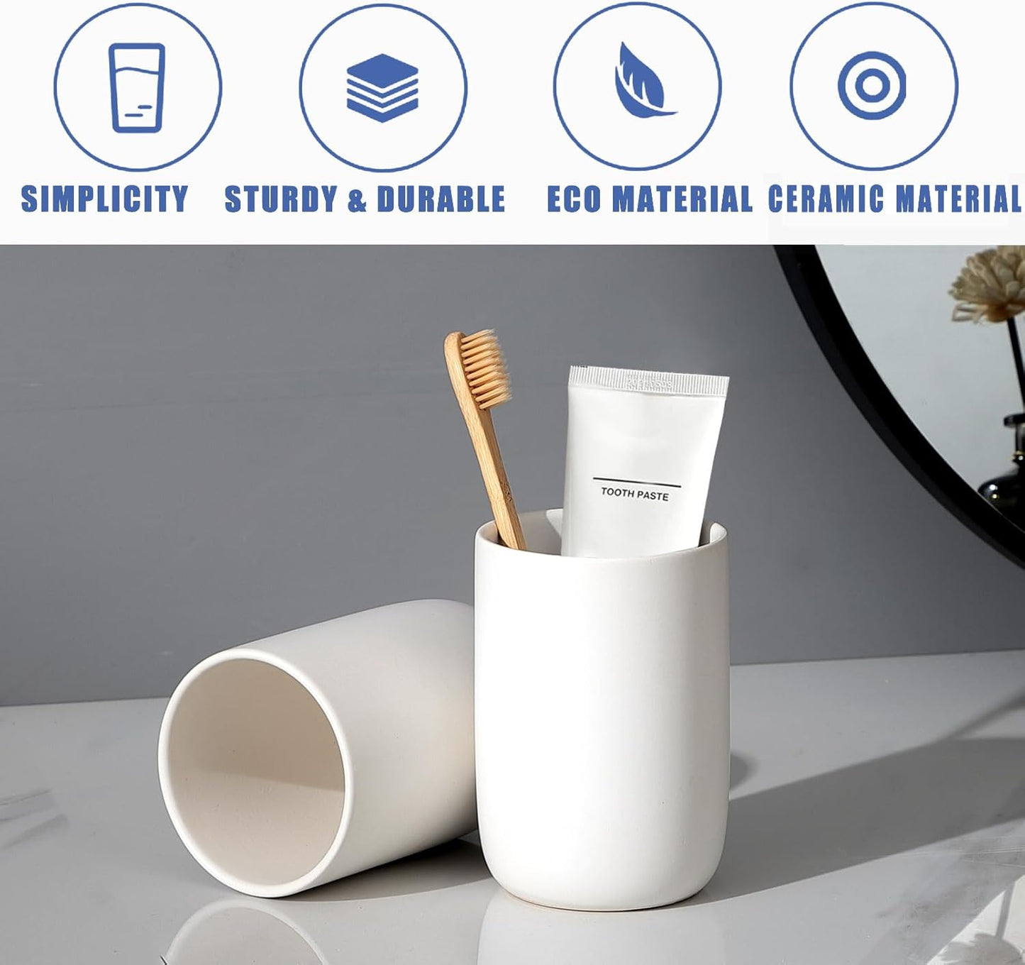 Toothbrush Holders for Bathrooms - 2 Cups Ceramic Toothbrush Toothpaste Holders Set, White Bathroom Tumbler Cups Reusable Toothbrush Mouthwash Cup, Bathroom Counter Organizer