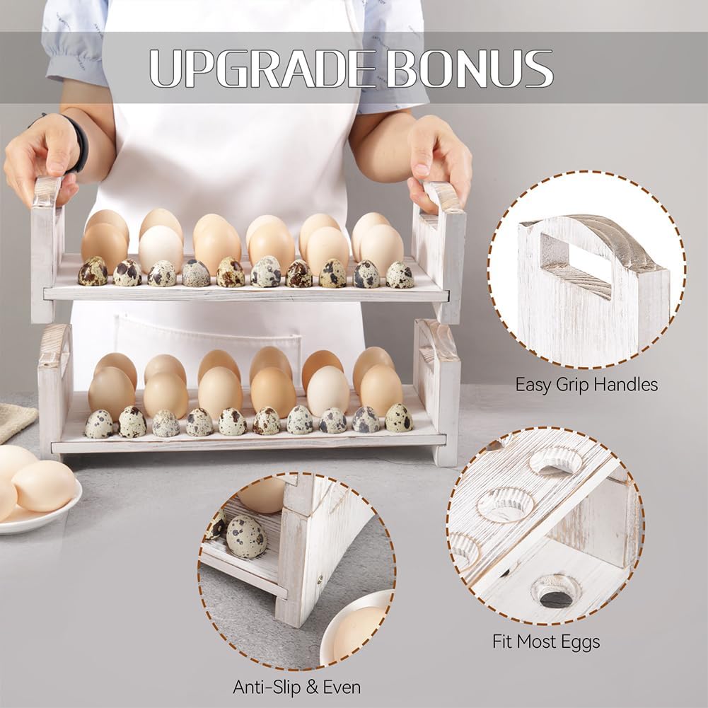 Wooden Egg Holder 2 Layer Fresh Egg Rack Holders Countertop Stackable Quail Egg Sorter Storage Trays Organizer Display Stand Kitchen Rack, Fits Duck, Turkey, Chicken Eggs,up to 36 Eggs, 2 Tier-White