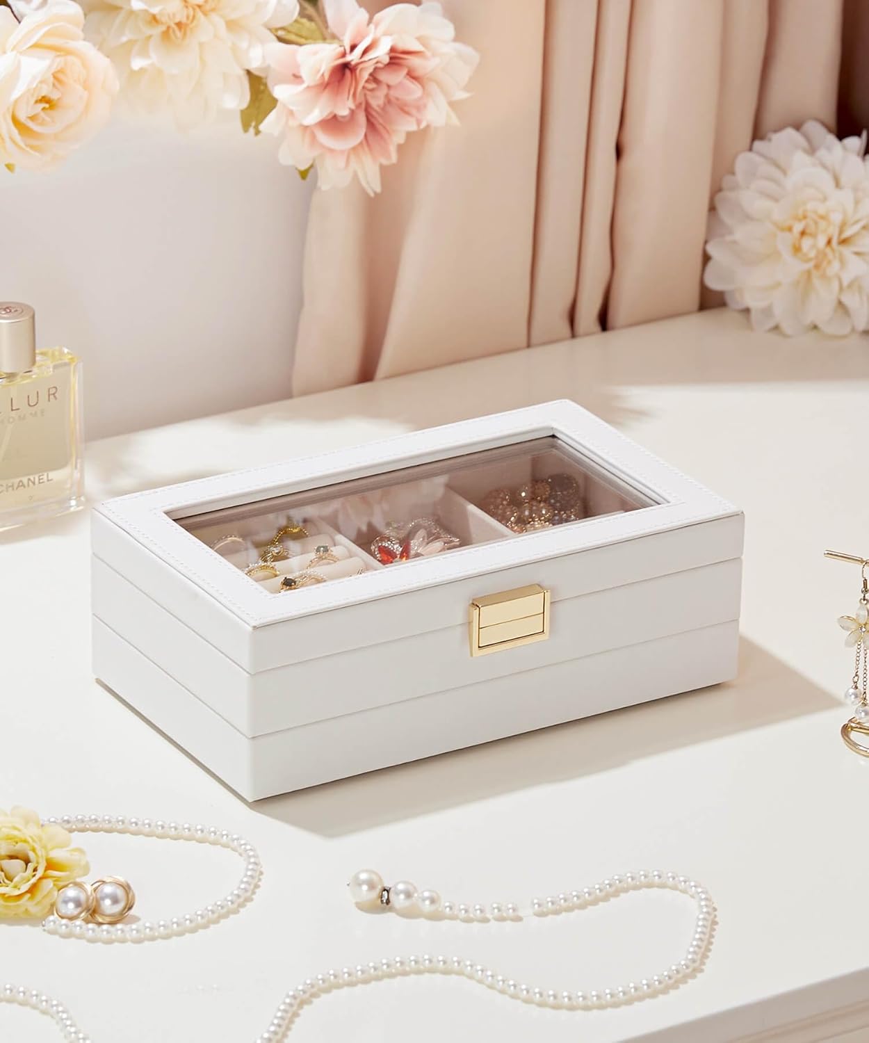 Homde Jewelry Tray Stackable Jewelry Box with Glass Lid, Removable Dividers for Vanity Table Gift Idea for Girls and Women (White)
