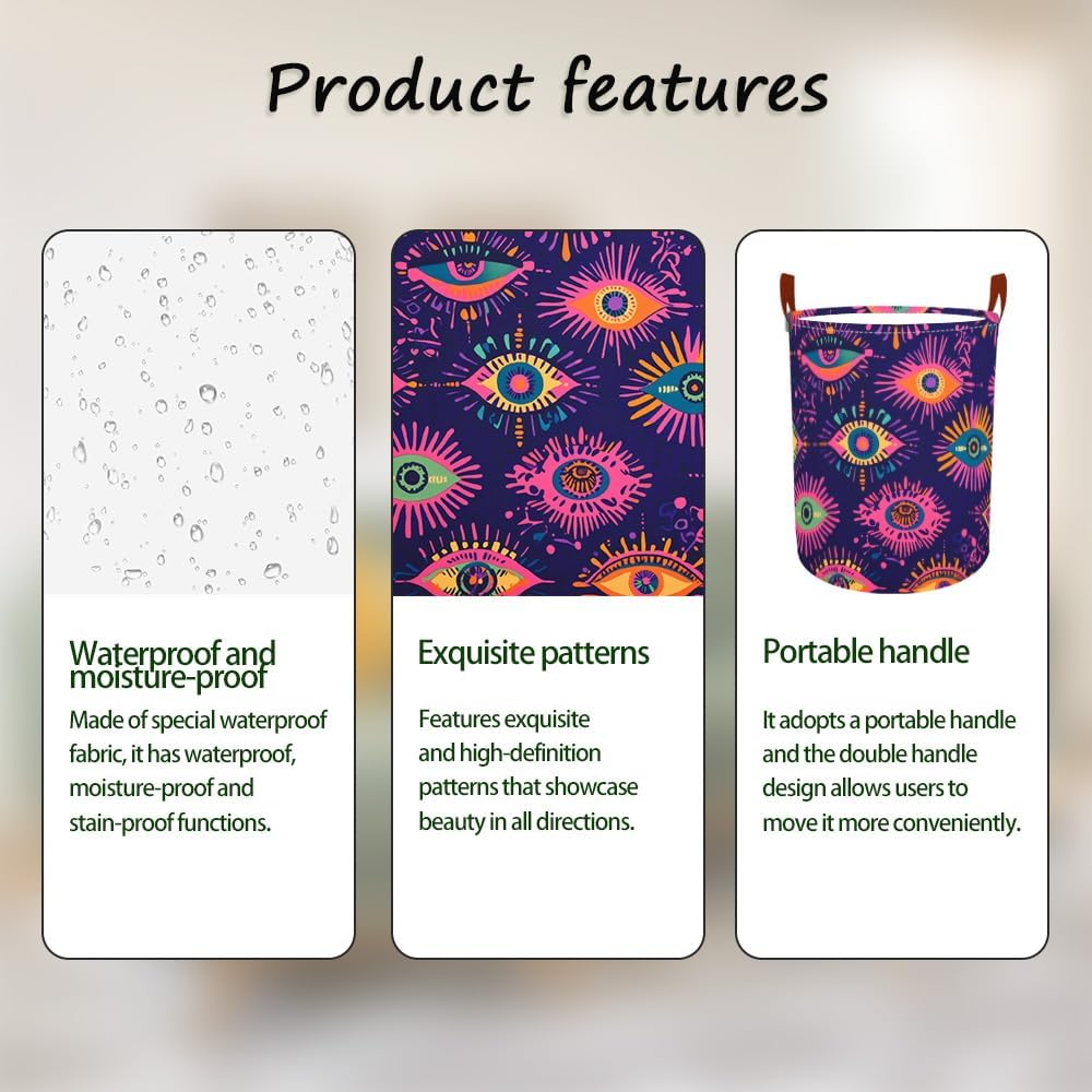 Laundry Baskets 15.7x19.7 Inch Large Colorful Eye Pattern Collapsible Laundry Hamper with Handles Oxford Fabric Clothes Storage Bin Foldable Dirty Clothes Organizer for Bedroom Bathroom Dorm