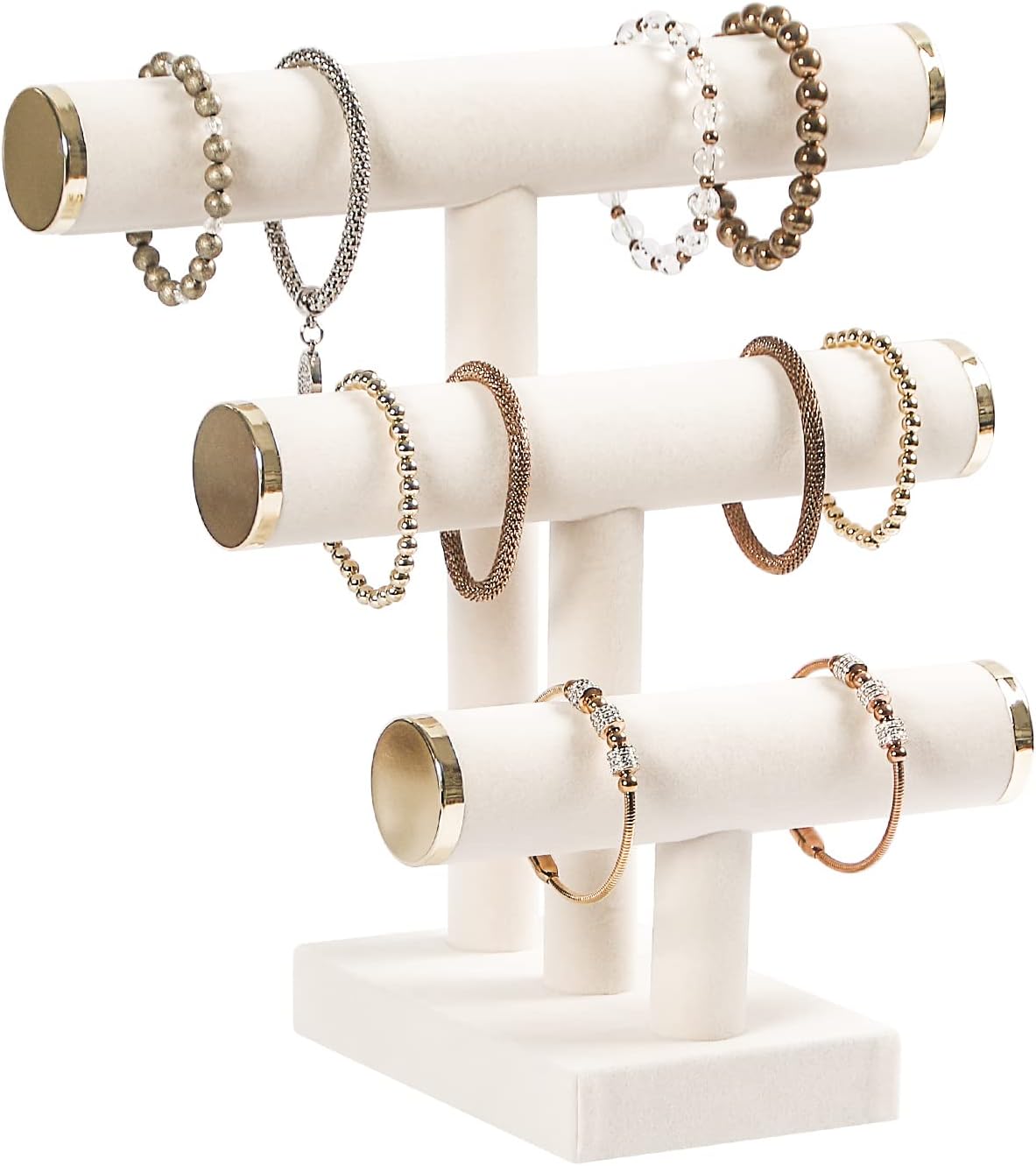 3 Tier Bracelet Holder,Bracelet Display Stand with Metal Cap,Beige White Velvet Jewelry Organizer Displays for Necklace Scrunchies Watches Hair Ties.