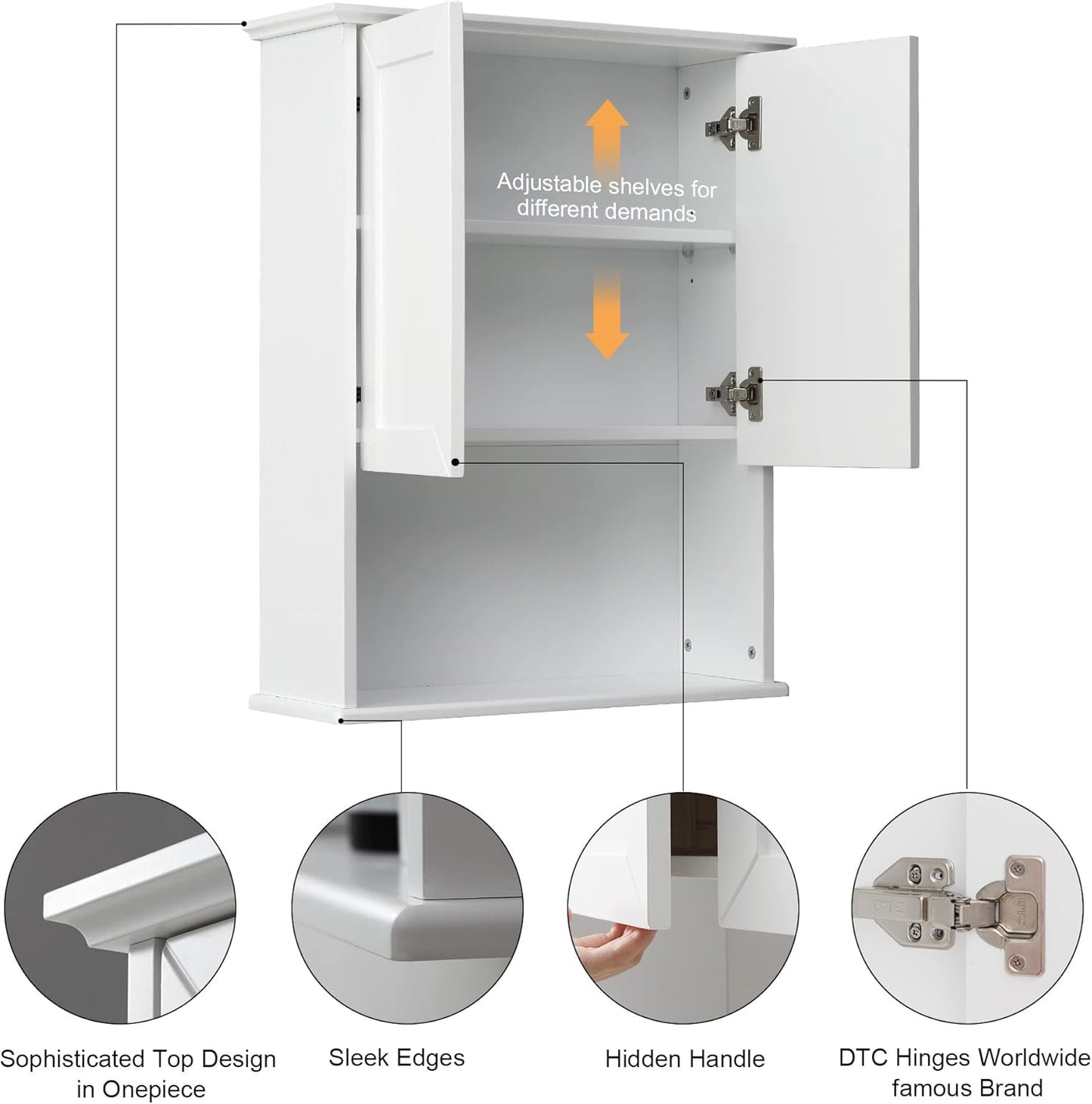 Bathroom Wall Cabinet Wooden Medicine Cabinet Buffering Hinge MDF Material Over Toilet Storage 23"x29" and Adjustable Shelves Cupboard Above Toilet with Large Space