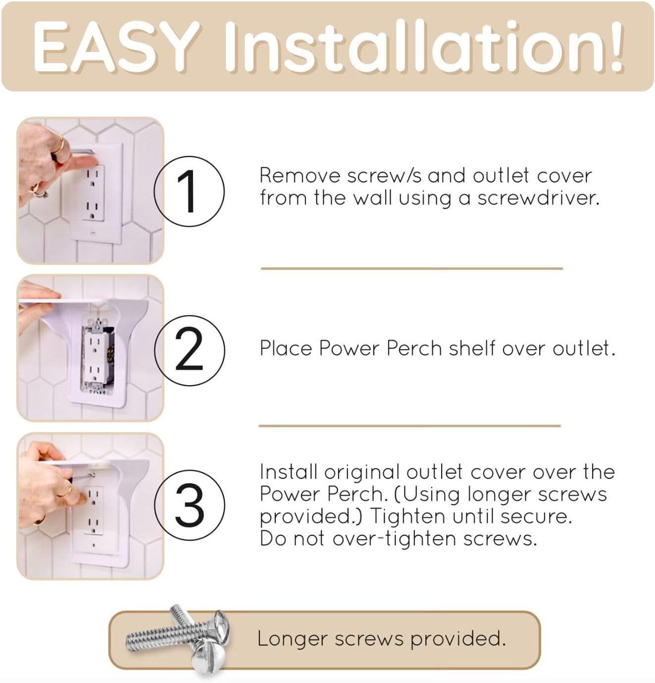 Power Perch Double Wall Outlet Shelf with Cord Storage Strap - Declutter & Reclaim Bathroom Counter Space - Alexa Stand, Apple Homepod Shelf, Toothbrush Holders Wall Mounted - White, 1-Pack