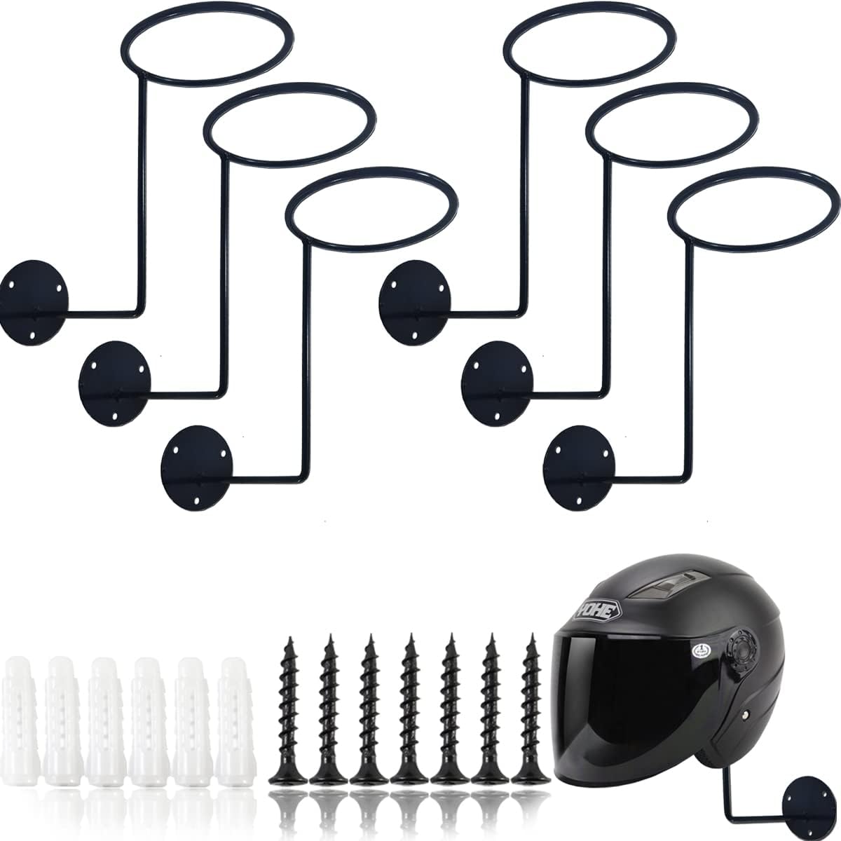 TIHOOD 6PCS Motorcycle Helmet Rack, Metal Helmet Hanger, Wall Mounted Helmet Holder, Ball Rack and Hat Rack, Multifunctional Helmet Rack