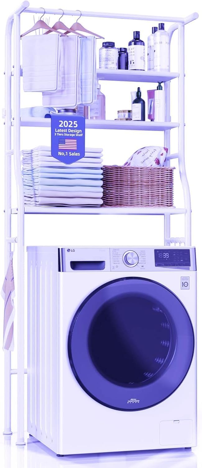 Over The Washer and Dryer Storage Shelf, 3 Tier Laundry Room Metal Drying Rack with Towels Hangers, Space Saver Organizer for Hanging Clothes and Towels (Metal White RA2)