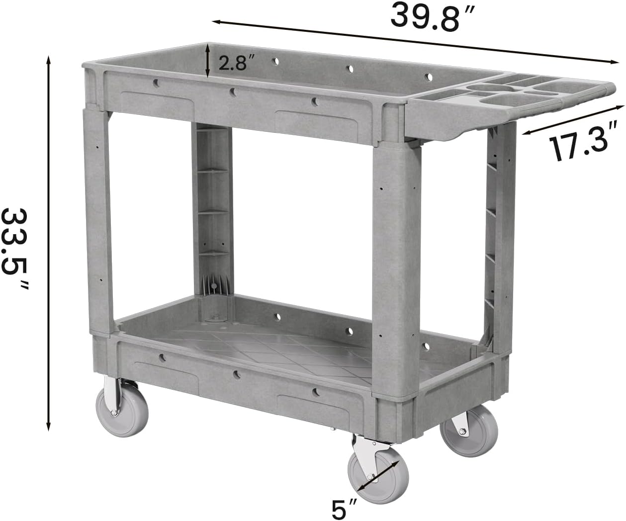 2 Tier Plastic Rolling Utility Cart on Wheels, Heavy Duty Tool Cart with Deep Shelves and 360° Swivel Wheels Holds up to 550 lbs, Service Cart for Garage, Warehouse, Cleaning (Grey-M)