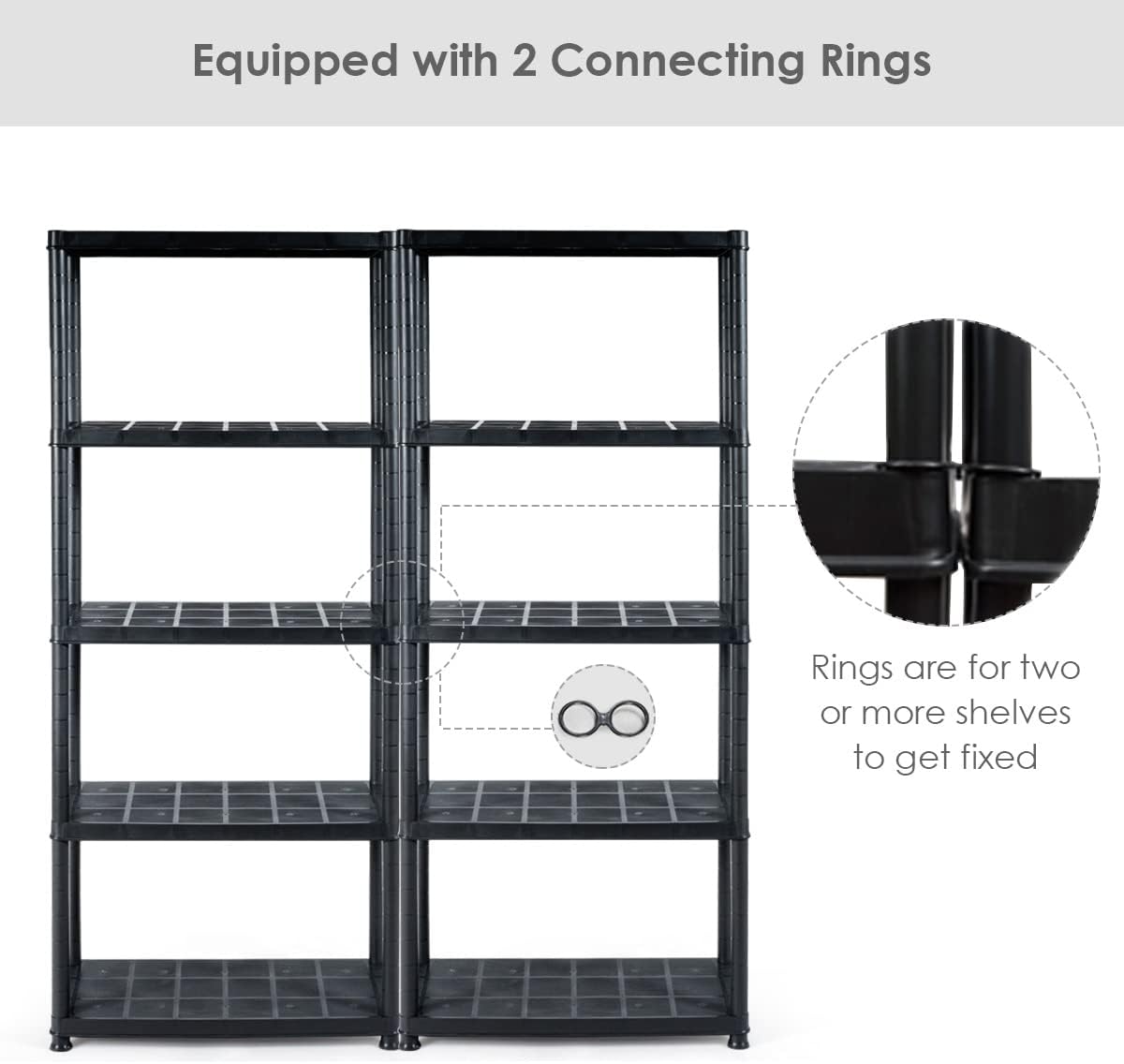 IRONMAX 5-Tier Plastic Shelving Unit, Multi-Purpose Shelf Rack, No Tools Required, Free Standing Storage Shelves for Garage Basement Kitchen, Black (2, 33.5“L X 16”W X 73“H)