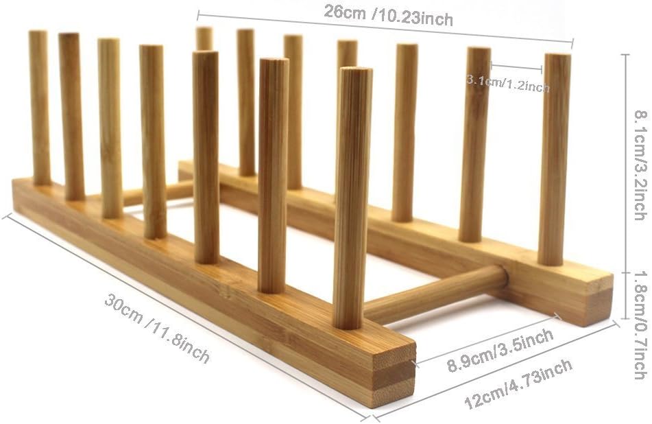 INNERNEED Bamboo Wooden Dish Rack, Vertical Plate & Lid Organizer for Kitchen Cabinet or Countertop, Drying Stand for Dishes, Cutting Boards