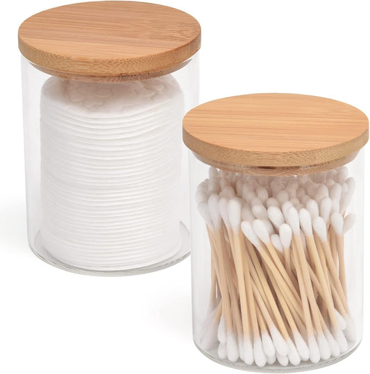 2 Pack Glass Qtip Holder Dispenser Set - Apothecary Jars with Lids - Vanity Makeup Organizer and Bathroom Canister Storage Organizer for Cotton Ball, Swab, Round Pads,Floss