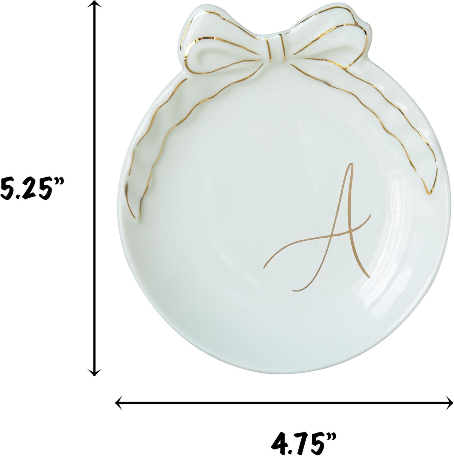 COLLECTIVE HOME - Personalized Initial Ceramic Jewelry Tray with Bow, Christmas Gift Ideas for Women, Small Gift for Girlfriend Wife, Ring Holder, Earrings Dish, Birthday Gift for Her (A)