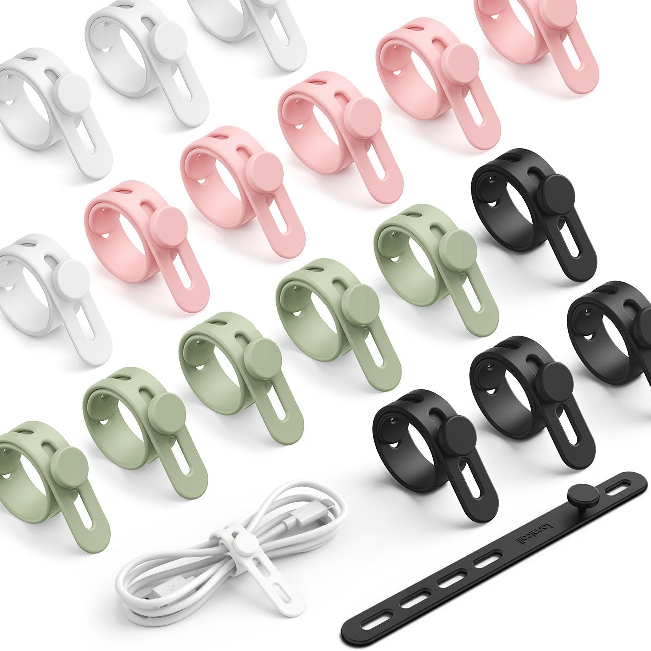 Lamicall 20Pack Silicone Cable Ties Cord Organizer - [4 Adjustable Holes] Multi Color Elastic Reusable Cord Wraps Management, Home Organizer Ties for Phone Charger Electrical Cable, Travel Essentials