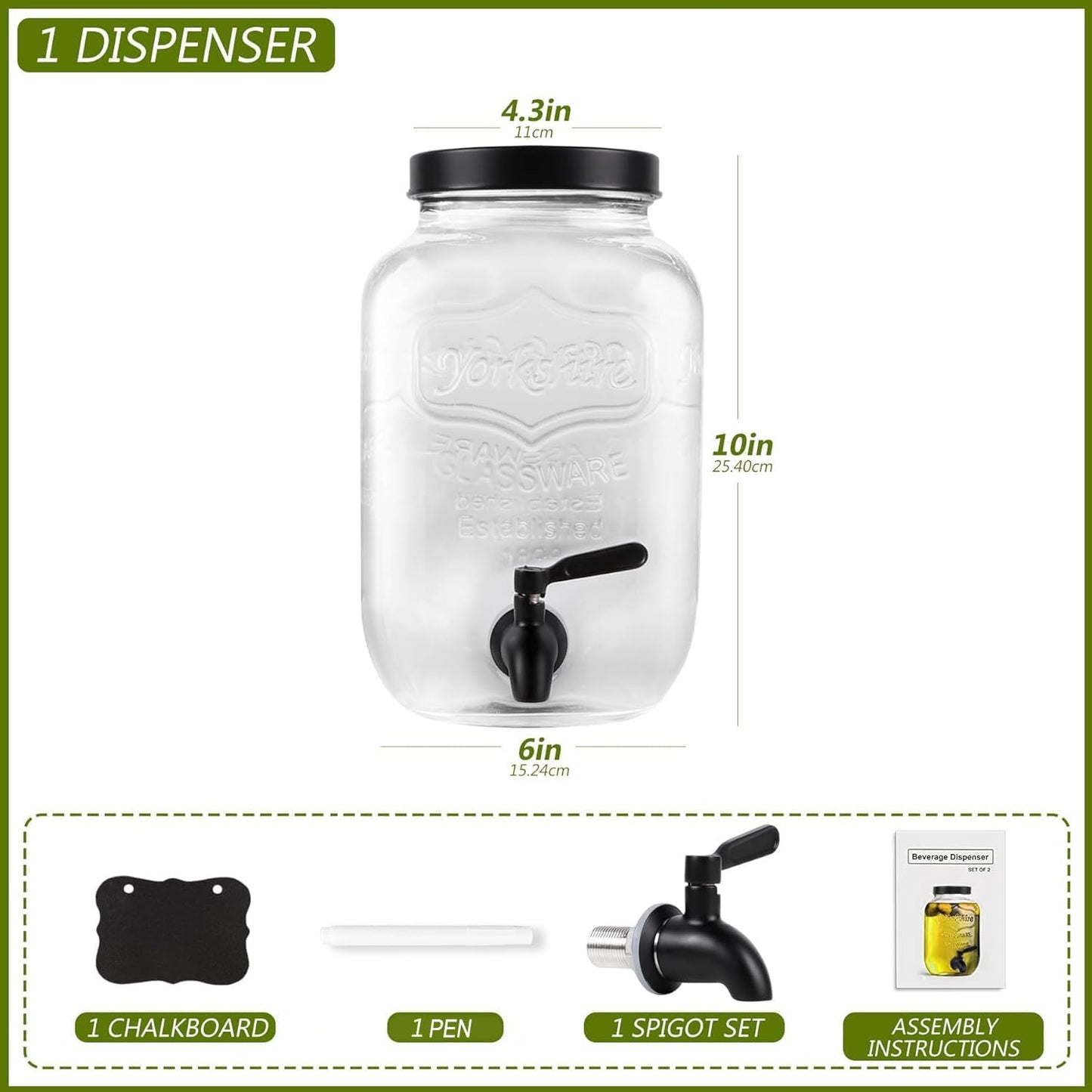 1 Gallon Drink Dispenser with Spigot 18/8 Stainless Steel – Airtight & Leakproof Glass Sun Tea Jar with Anti-Rust Lids, Beverage Dispenser for Parties (Black)