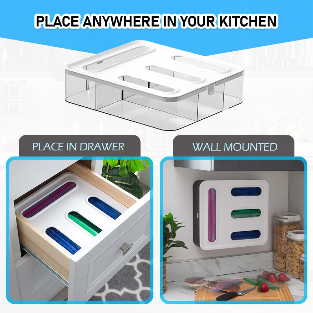 FALAH Food Storage Bag Organizer, 4 in 1 Plastic Bag Organizers for Kitchen Storage, Baggie Organizer for Drawer with Removable Labels, Gallon, Quart, Sandwich (White)
