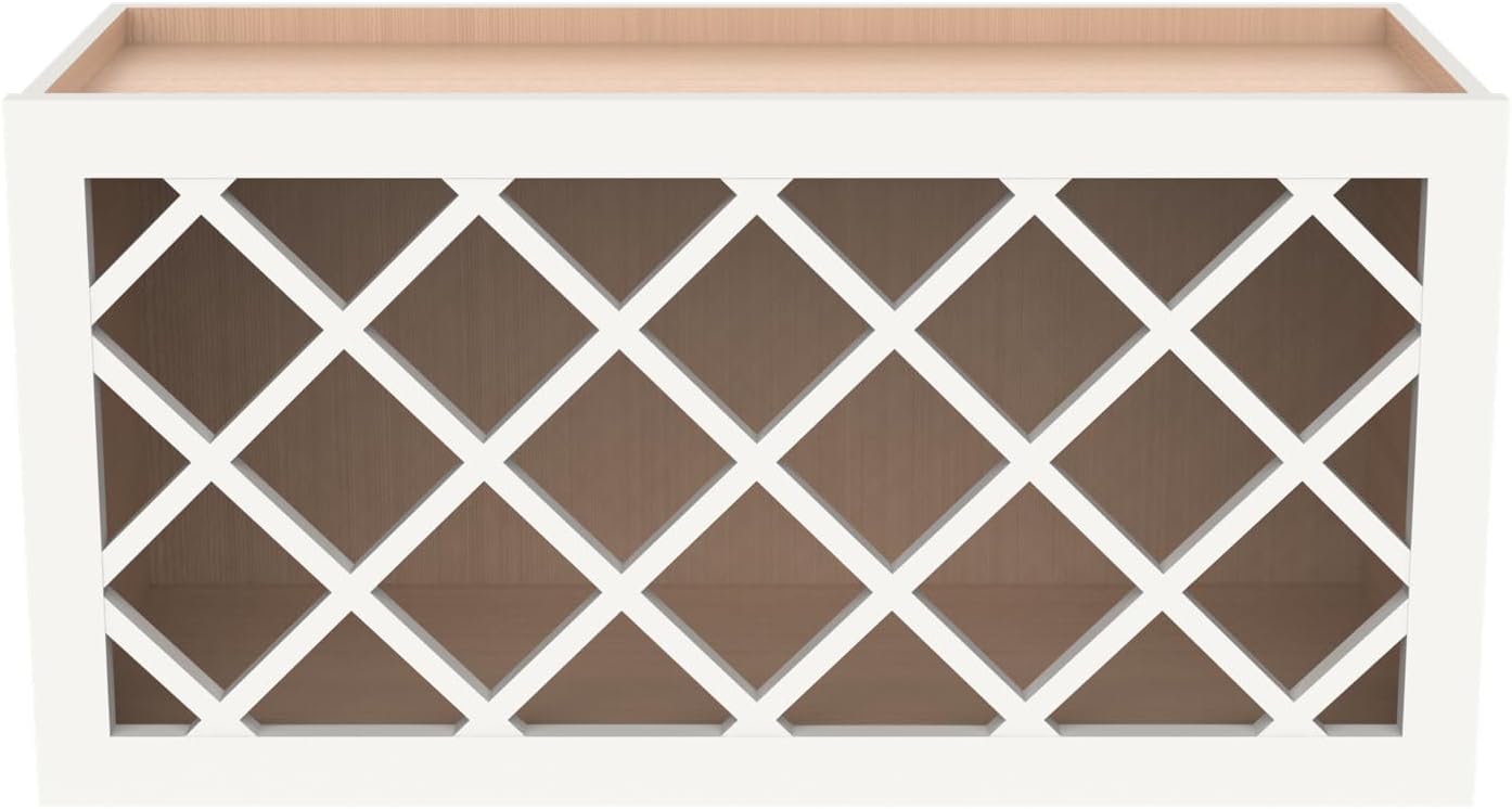 Solid Wood RTA Wine Bottle Rack Wall Cabinet with Lattice Panels and Wine Storage - Mocha (Origami White, 36'W 12'D 18'H) for Bar, Pantry, Cellar, Countertop