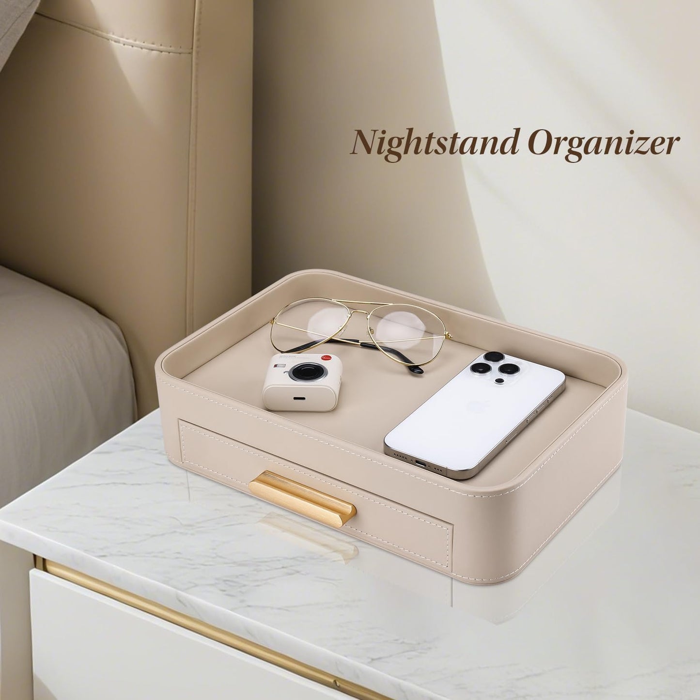 GORESE Valet Jewelry Tray Nightstand Organizer with Drawer, PU Leather Perfume Tray Trinket Trays for Vanity Bathroom Entryway, Catchall Trays for Key Purse Watch Cologne, Gift for Women Men, Beige