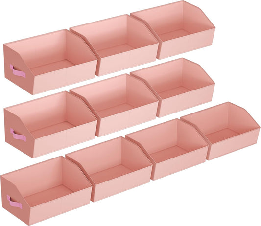 Closet Baskets for Shelves Trapezoid - Decorative Storage Baskets with Handle, Closet Bins for Organization, Shelf Storage Bins for Clothes, Books, Home, Office, 10 Pack, Pink