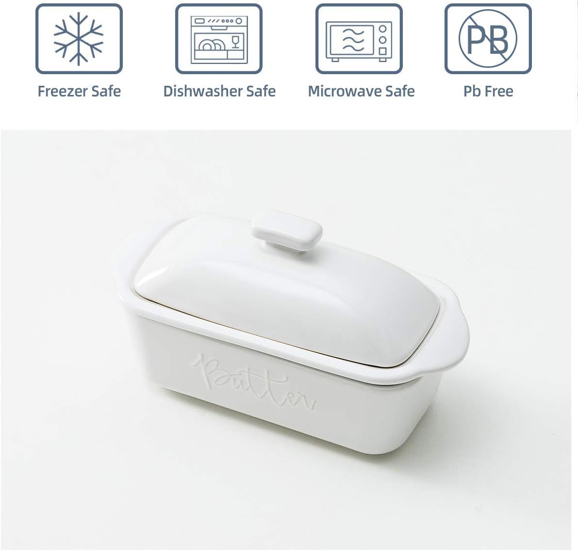 FE Butter Dish, 10 oz Ceramic Butter Keeper with Water Line, French Butter Dish with Lid for Countertop (White)