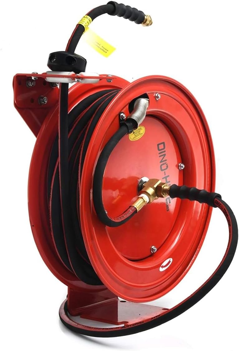 BLUBIRD Dino-Hide WLERHD1250R Heavy-Duty Retractable Hose Reel with 1/2" x 50' Rubber Air Hose, 300 PSI, Corrosion-Resistant Brass Fittings, Pneumatic Tools & Industrial Use