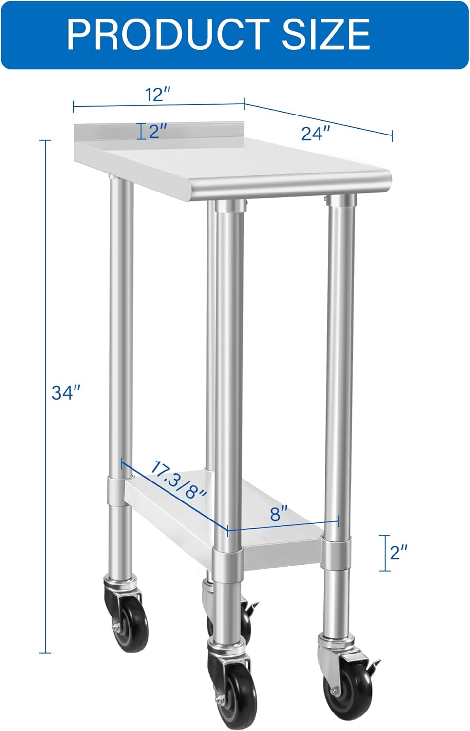 HARDURA Stainless Steel Commercial Work Table with Wheels Prep & Work Metal Table 24×12 Inches Heavy Duty NSF with Casters and 2" Backsplash