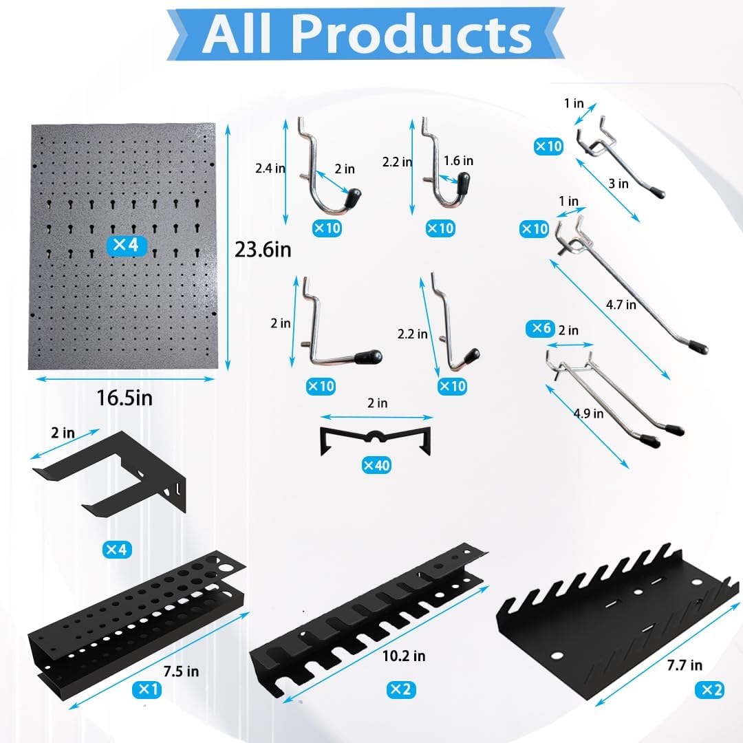JZD 115 PCS Metal Pegboard Wall Organizer 4 Packs Metal Pegboard Kit 66x24 Inch Pegboard Panels Tool Organizer Kit with Accessories Hooks for Garage, Tool Storage,Craft Room
