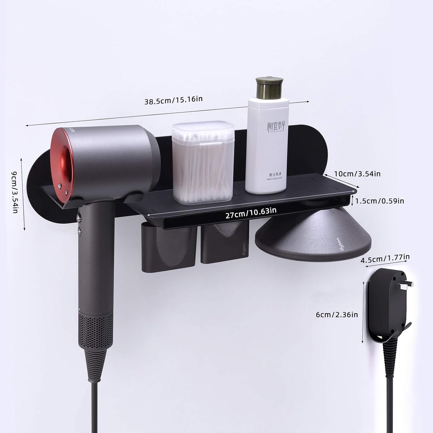 FLE Hair Dryer Holder Wall Mounted with Shelf - Hair Dryer Holder Rack Organizer Compatible for Dyson Supersonic Hair Dryer,Black
