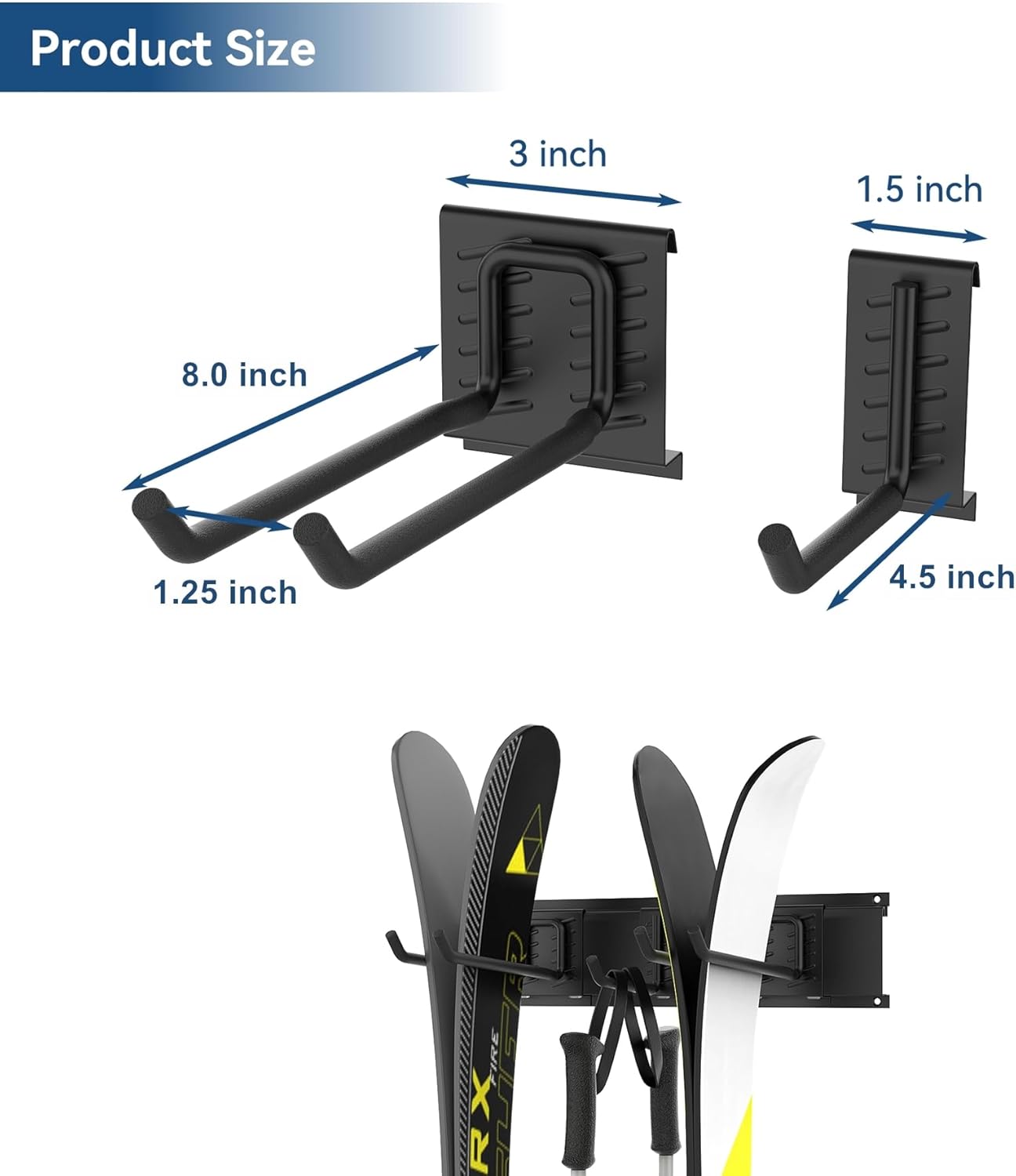 WALMANN Garage Storage Organization System Ski Wall Rack 2 Pairs of Skis Mount Hanger Home Shed and Garage Snowboard Wall Rack Holds Up to 100 lbs