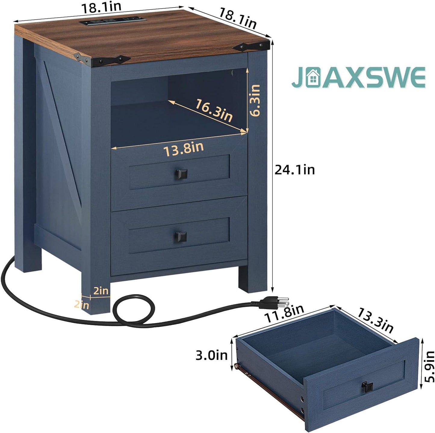 Nightstands Set of 2 with Charging Station, Farmhouse Night Stand with 2 Drawers and Shelf Storage, Wooden Side End Table, Bedside Cabinet for Bedroom, Living Room, Closet,Office (Blue)