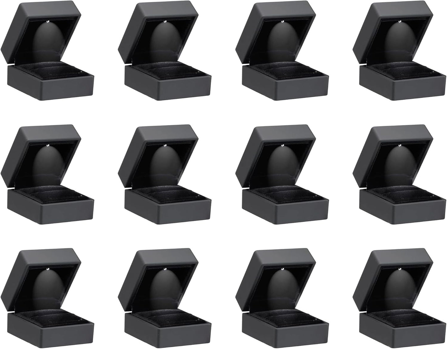 Allure - Bulk Case Of 12 - Luxury Ring Boxes With LED Light, Square Shaped Elegant Diamond Ring Case, For Unique Proposal Or Wedding, Small, Black Velvet Interior Jewelry Display Gift Box.