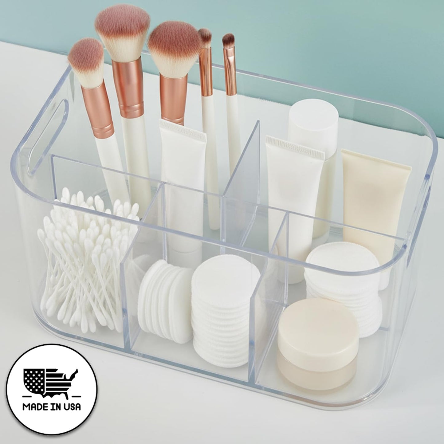 STORi Bliss 5-Compartment Plastic Cosmetics Storage Organizer | Clear | Rectangular Divided Makeup Bin & Vanity Caddy with Pass-Through Handles | Round Corner Design | Made in USA