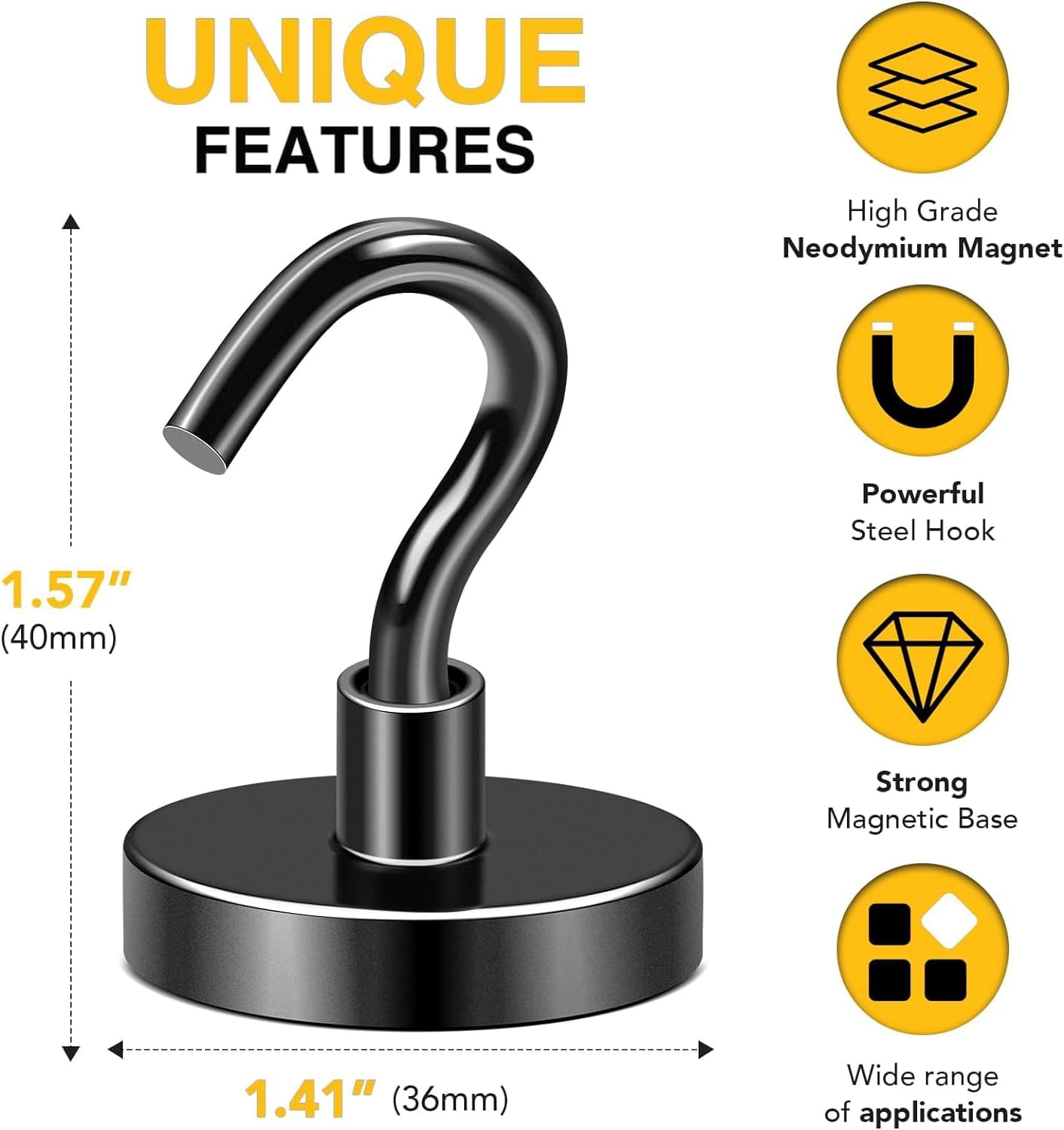 DIYMAG Black Magnetic Hooks, 170 LB Heavy Duty Strong Magnets with Hook, Rare Earth Neodymium Magnet for Cabins Cruise Ship Essentials 8 Packs