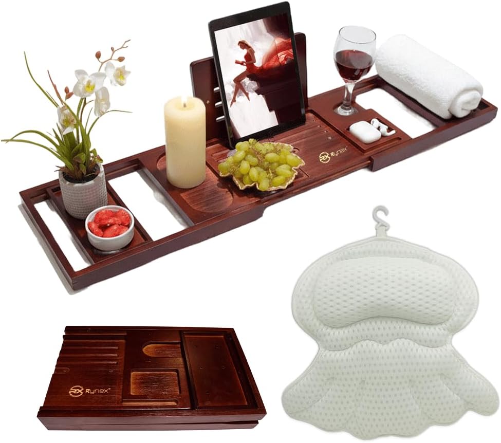 Bathtub Tray and Bath Pillow Set – Expandable Bamboo Bathtub Caddy with Phone & Wine Holder, Soft Bath Pillows for Tub & Head/Neck Support