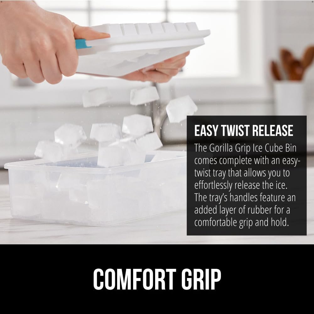 GORILLA GRIP BPA-Free Easy Release Ice Cube Tray for Freezer, Make Lots of Ice, 56 Cubes Total, Kit Includes 2 Stackable Leakproof Trays with Lid and Soft Handle Grips, Scooper, Bin, Turquoise