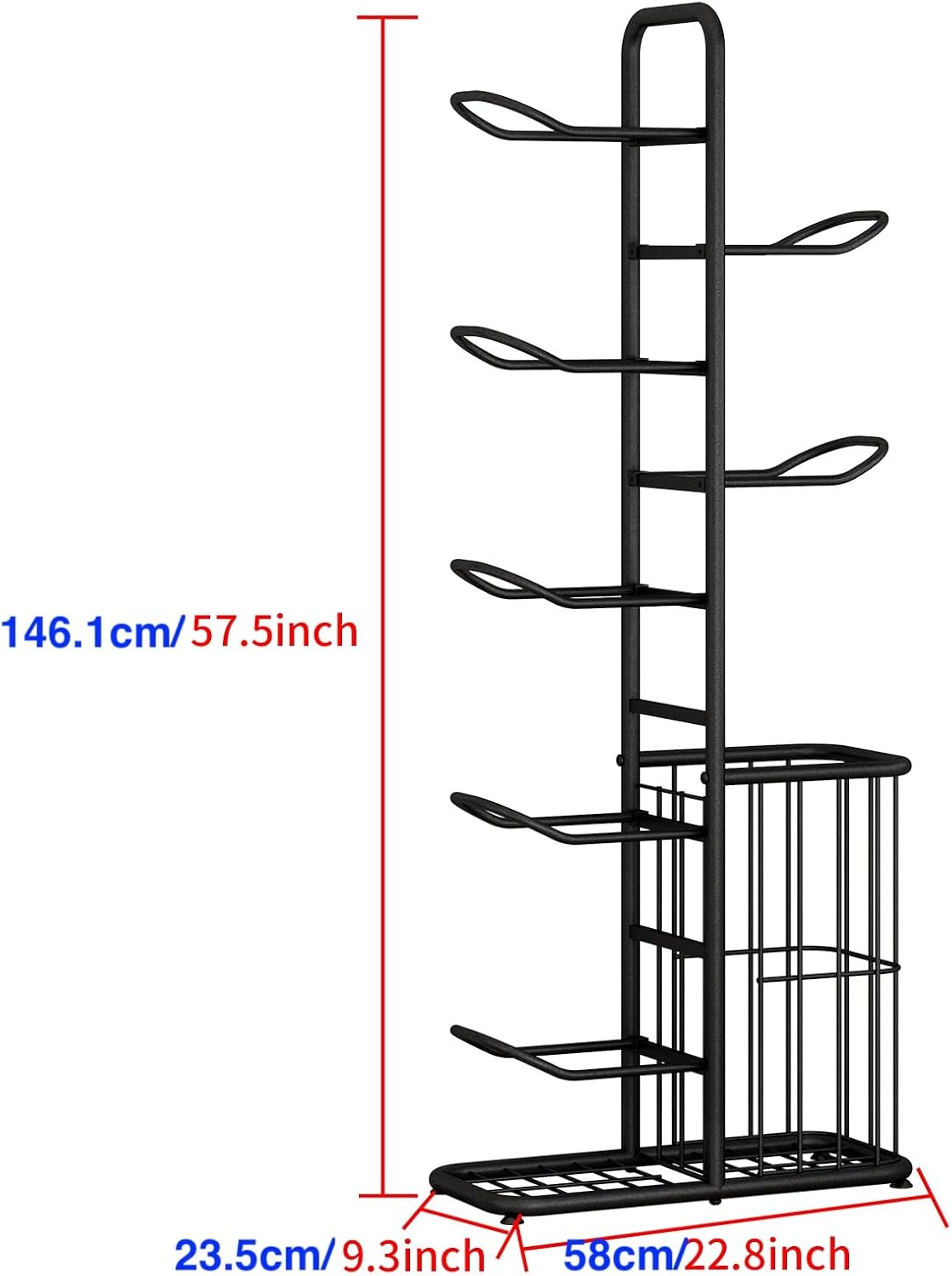 7-Ball Sports Equipment Storage Rack with Ball Holder and Basketball Rack, Athletic Gear Organizer ball Stand - Organize Toys, Sports Gear and More, 57.5" (Black)