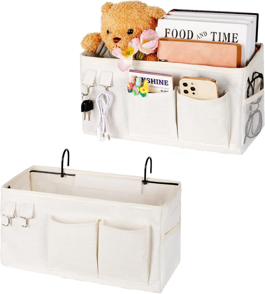 Bedside Caddy Bedside Organizer Hanging Storage Bag for Bunk College Dorm Bed and Hospital Beds with Magazine Water Bottle Phone Holder (2Pack White)