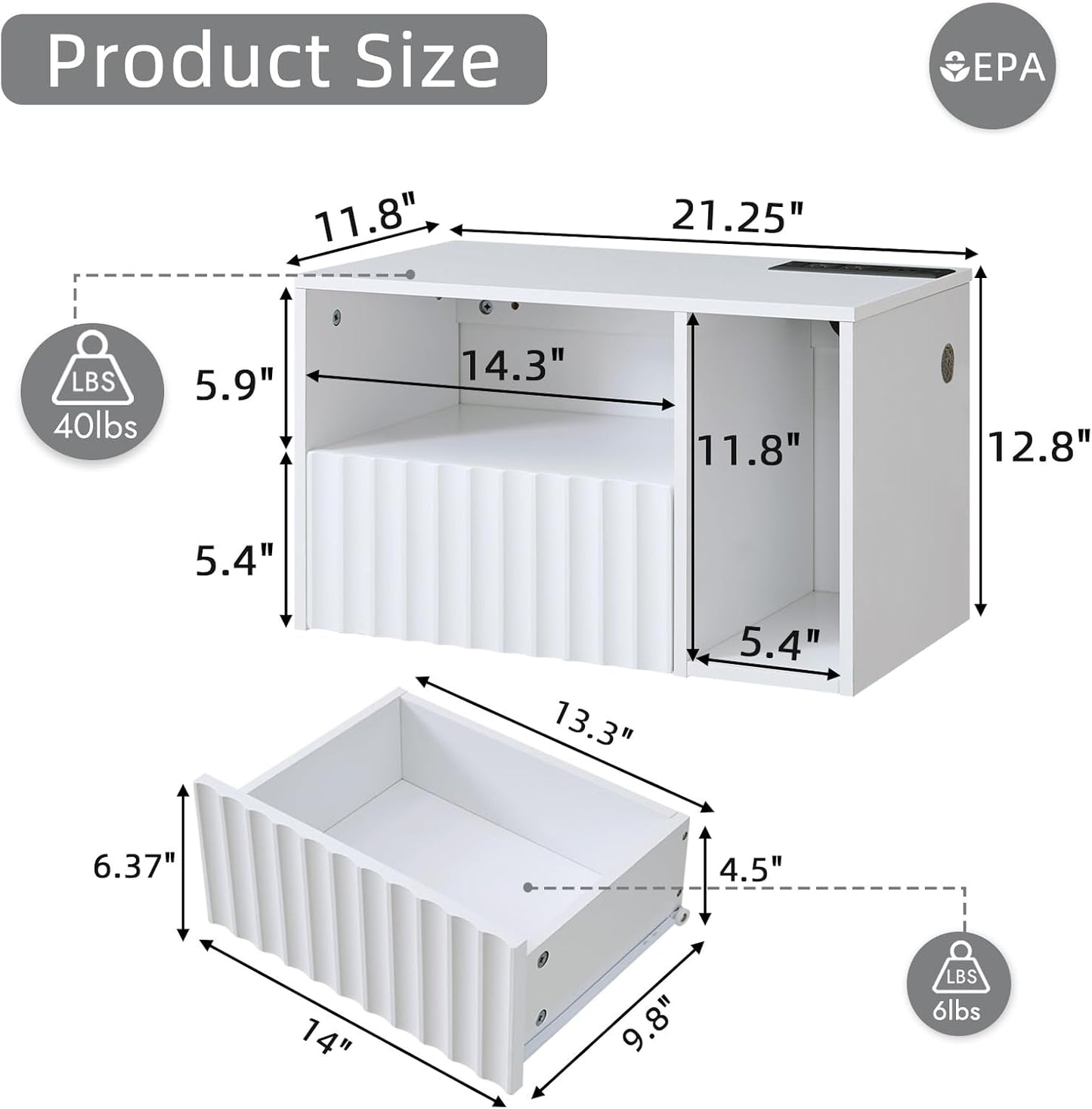 Modern Matte White Fluted Floating Nightstand with Charging Station, NightStand with Drawers, Bedside with USB Ports and Outlets, Bedroom Furniture (Right)