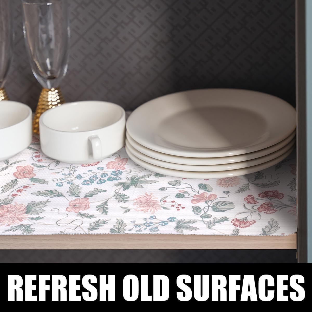 Floral Drawer and Shelf Liner for Cabinets, Non-Adhesive and Strong Non-Slip Shelf Cabinet Drawer Liners for Kitchen, Table,Bookshelves,Waterproof Cupboard Liners,Easy to Clean,12IN x 10FT