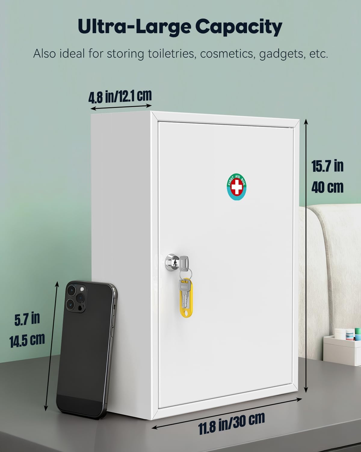 Uniclife Wall Mount Medicine Cabinet with Key Lock, Locking First Aid Cabinet, Lockable Medical Cabinet, Large Capacity Medicine Organizer, Secure Steel Wall Cabinet Metal Storage Box, White