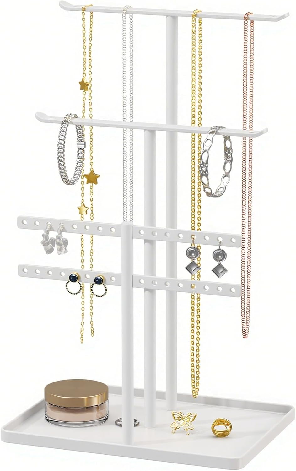 Jewelry Stand Organizer for Necklace Earring - 14.5" Sturdy Metal, 3-TierJewelry Holder for Bracelet, Ring Display and Storage, White