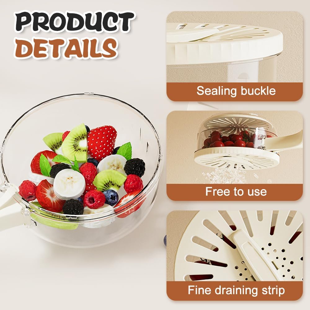 Multi-Functional Fruit and Vegetable Washing Bowl, Fruit Strainer Container with Lid, 2 In 1 Sealed Drainer Basket, Drainer and Freshness Basket, Kitchen Tool with Foldable Handle (Brown+White)