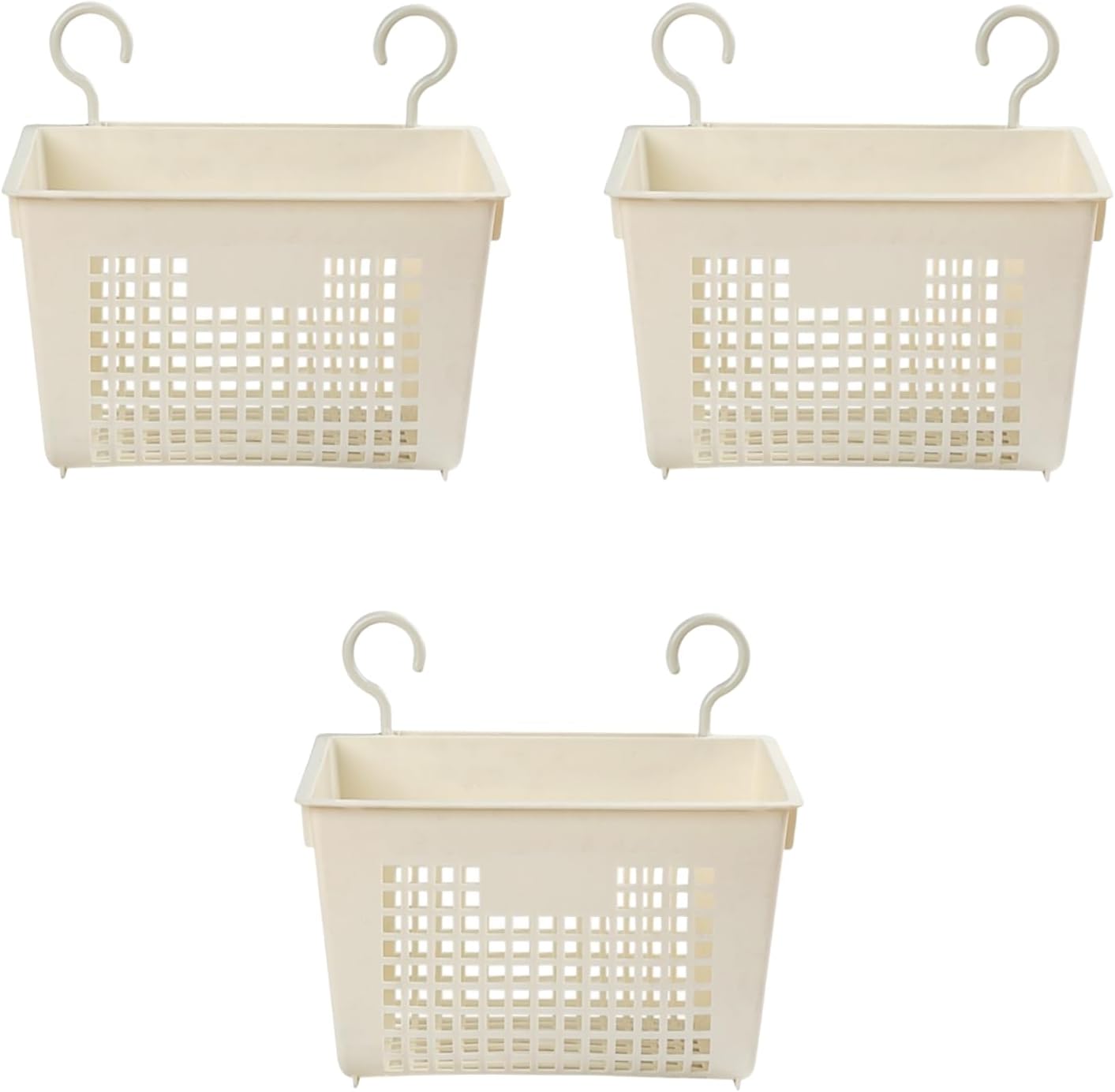 3PCS Plastic Hanging Baskets for Shower, Hanging Basket Organizer with Hooks, Rectangle 11.3Inches Small Hanging Storage Basket (Beige)