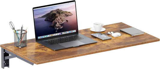Need Wall Mounted Desk - Heavy Duty Folding Work Table Length 36" Width 20"/Small Space Hanging Desk Perfect Addition to Home/Office/Kitchen & Dining Room Rustic Brown AC15-9050FG-ND