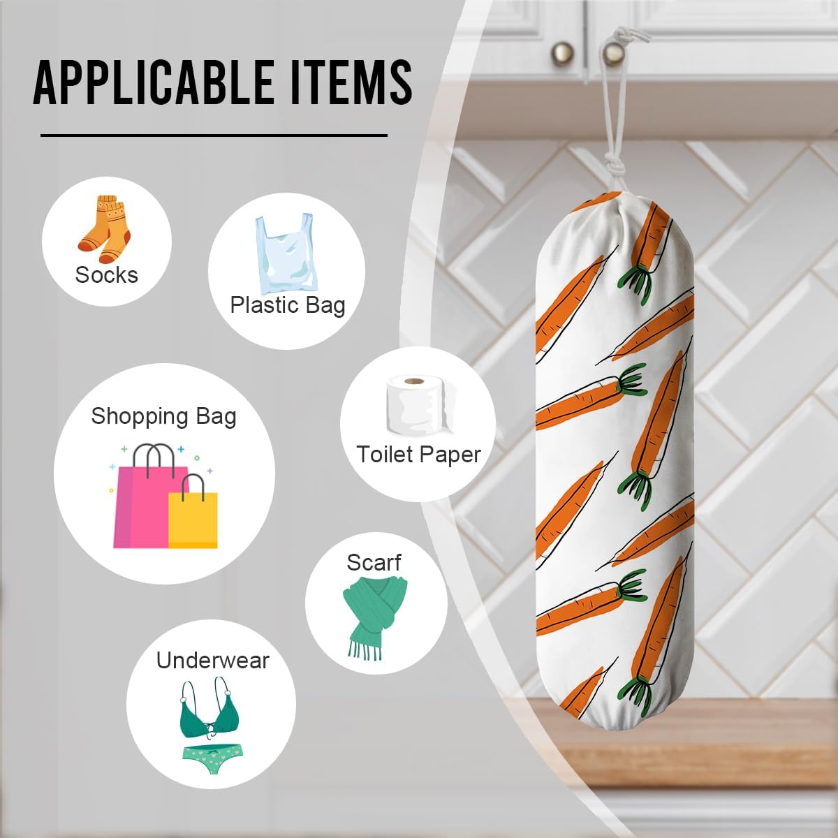 Carrots Plastic Bag Holder, Grocery Bags Storage Organizer, Reusable Shopping Bags Holder Dispenser for Kitchens Pantry, Country Style Home Decor, Housewarming Gift, Kitchen Pattern Garbage Bag 44