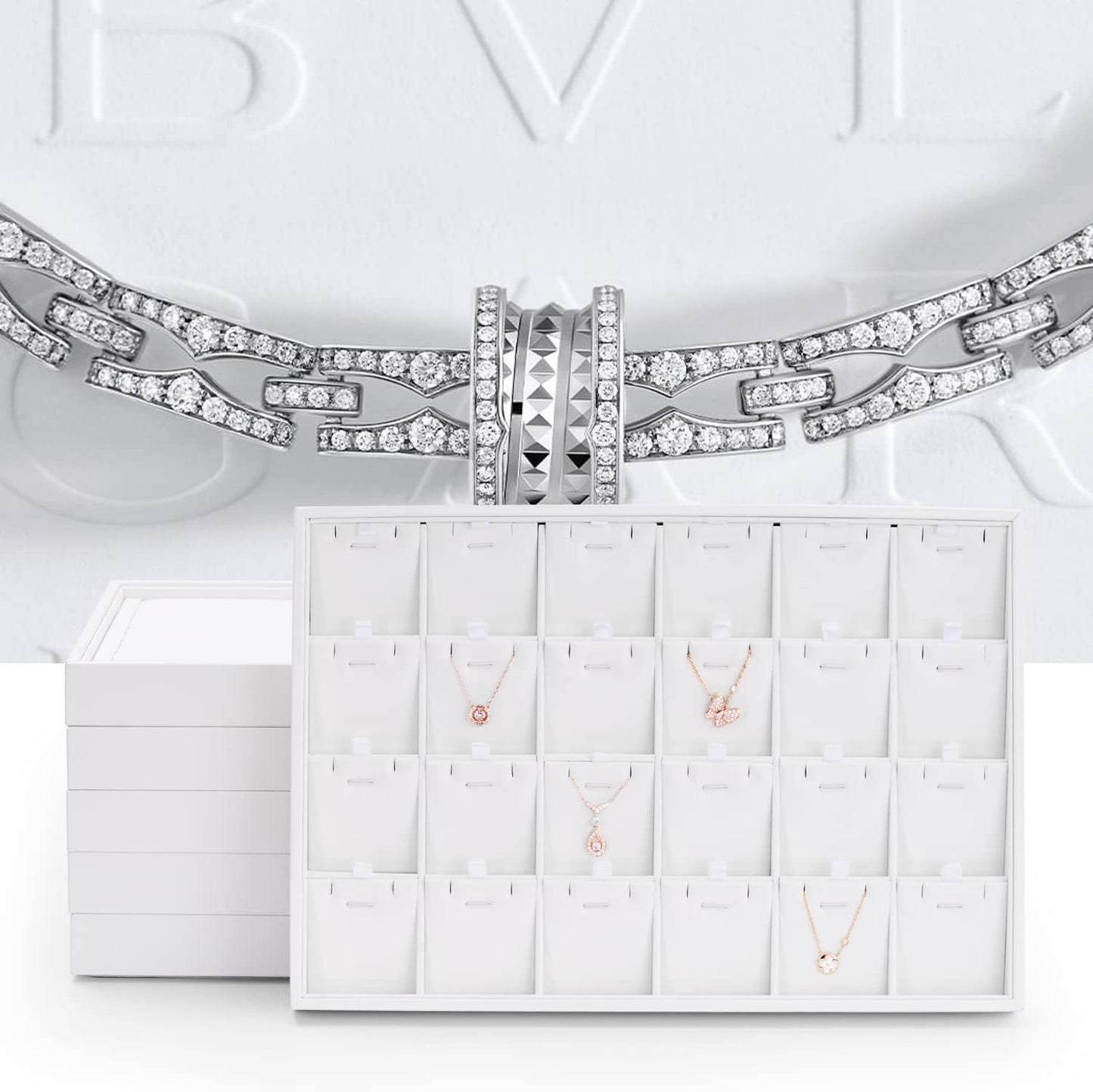 Oirlv Premium White Leather Stackable Jewelry Tray 24 Grid Jewelry Drawer Organizer Trays Rings Earrings Storage
