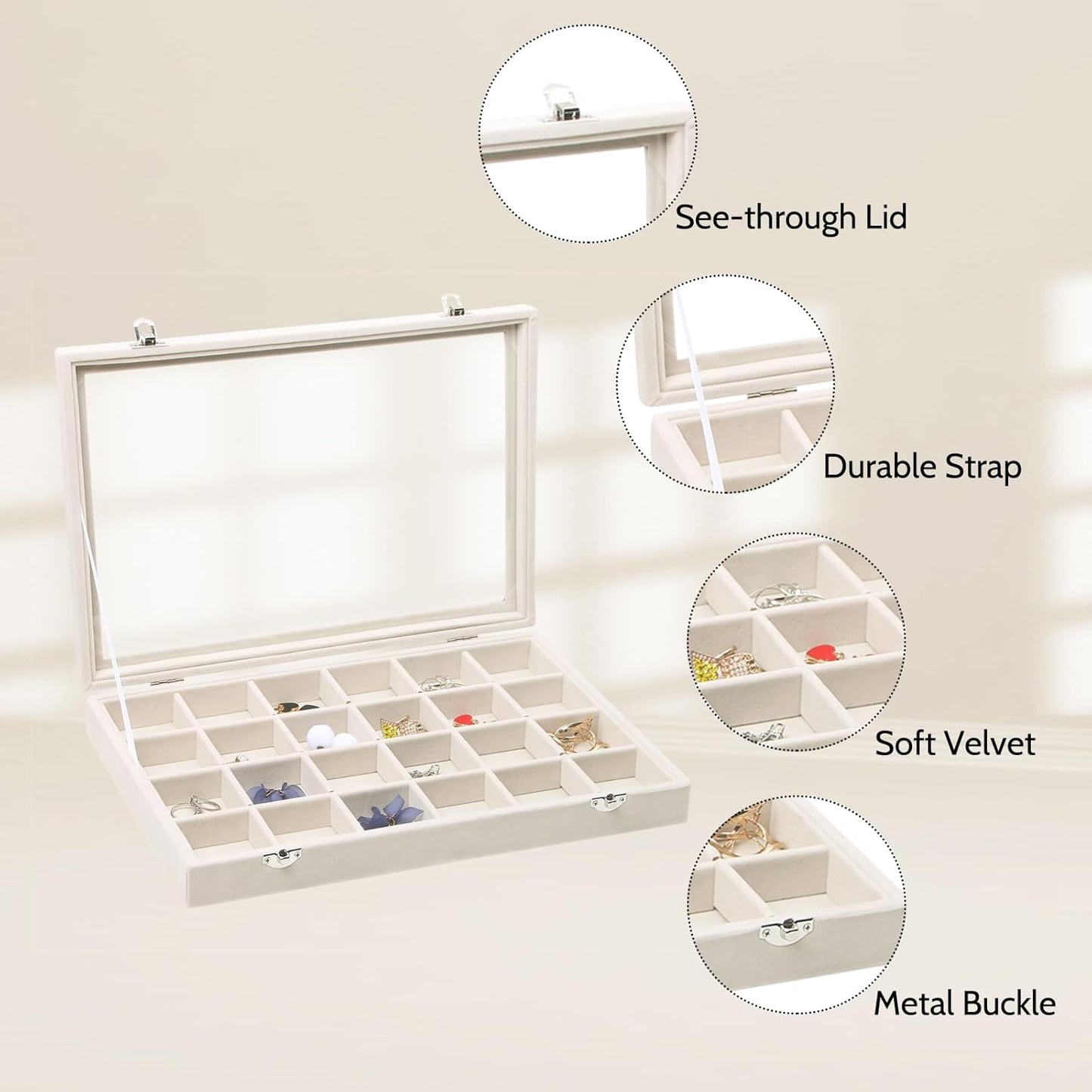 Stratalife Jewelry Organizer Jewelry Tray with Lid See-through Display Showcase Large Earring Organizer Velvet Storage Box for Earring Necklace Rings Dice Beige (24 Grids)
