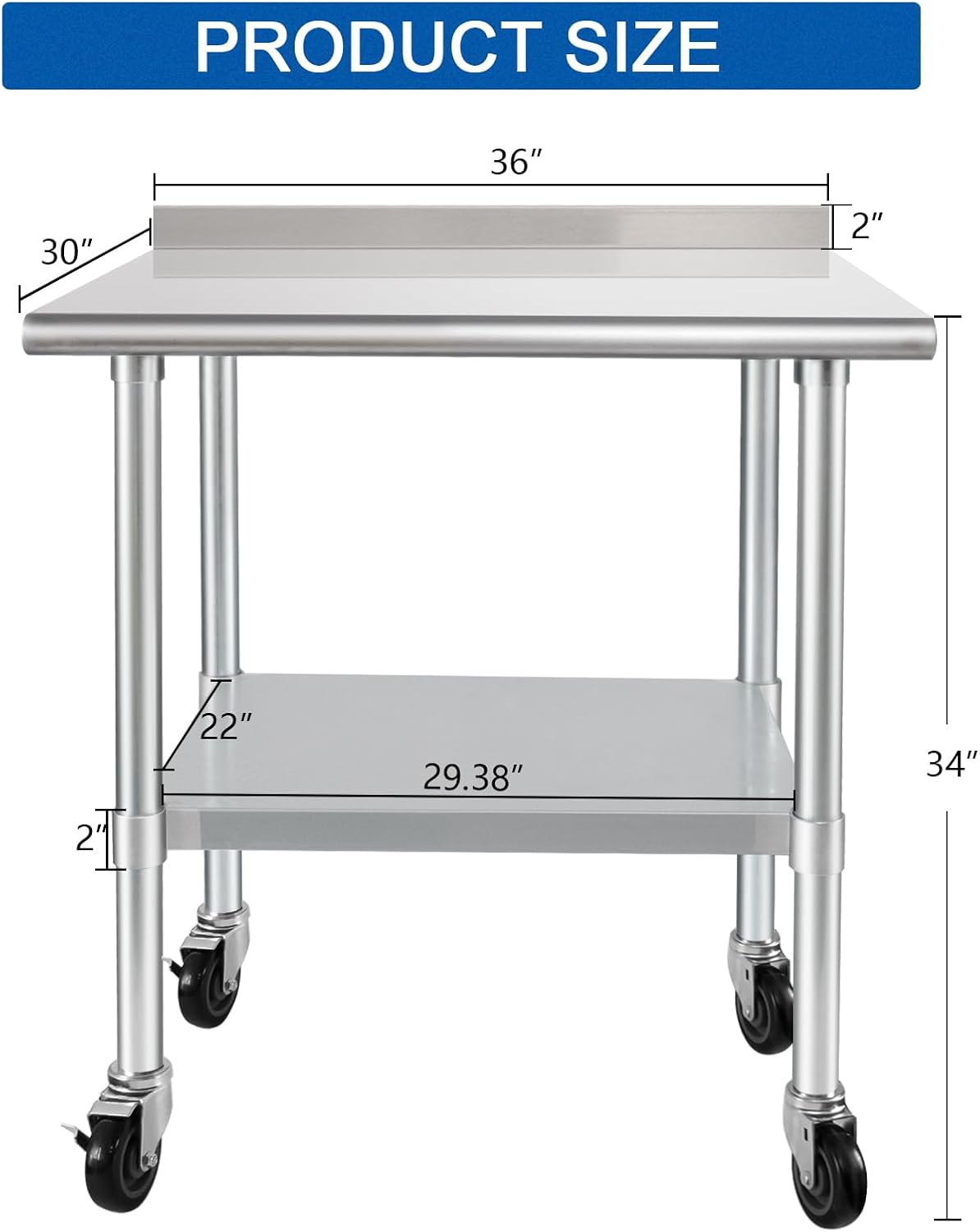 HARDURA Stainless Steel Table 30 x 36 Inches with Wheels Casters NSF Heavy Duty Commercial Prep Table with 2” Backsplash and Adjustable Undershelf for Restaurant Kitchen Home and Hotel
