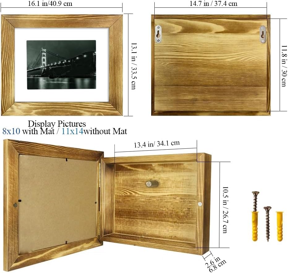 Hidden Gun Storage - Gun Safe Pistol Storage, 11"x14" Matted to 8"x10" Concealment Furniture Secret Decor Solid Wooden Handgun Picture Frames Box