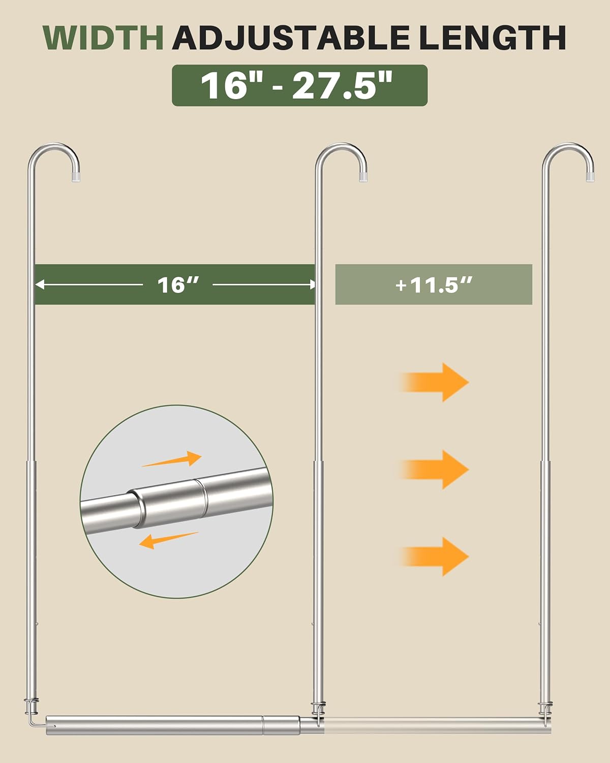 Hanging Closet Rod, Adjustable Height & Width Closet Rods for Hanging Clothes-Closet Extender Hanging Rod Space-Maximizing Design Suitable for Hanging and Drying Clothes, Silver