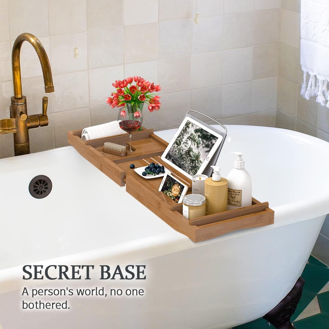 Bath Caddy Tray for Bathtub - Bamboo Adjustable Organizer Tray for Bathroom with Free Soap Dish Suitable for Luxury Spa or Reading(Walnut)