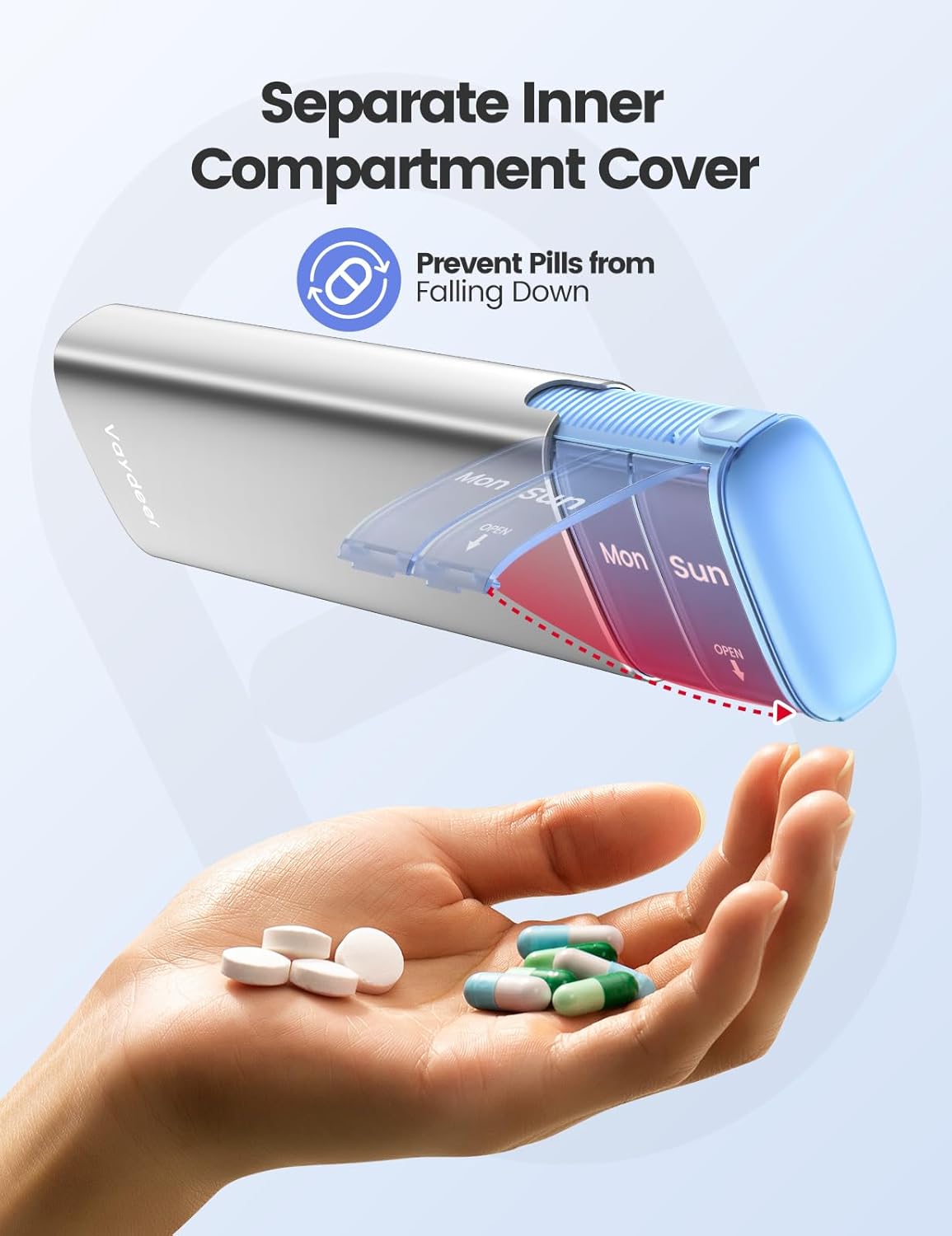 Vaydeer Metal Travel Pill Organizer – Compact Weekly Pill Box for Daily Medication – Portable Small Pill Case for Vitamins, Pills & Supplements (Gunmetal)