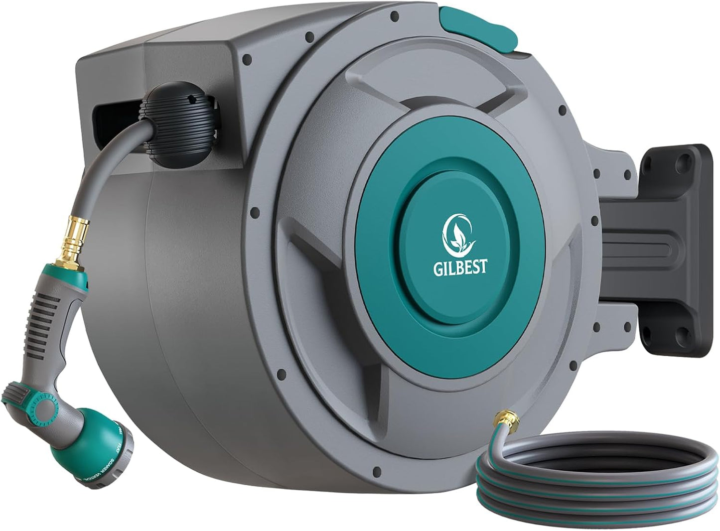 130 ft x 1/2" Retractable Garden Hose Reel, Heavy Duty Water Hose Reel Wall Mounted, Any Length Lock, 180°Swivel, Water Hose with 10-Function Nozzle for Cleaning, Watering (Green)
